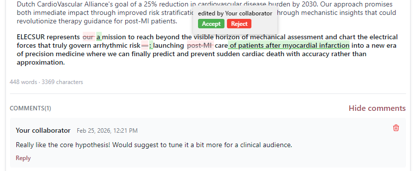 GrantorAI collaboration features showing inline suggested edits and comments
