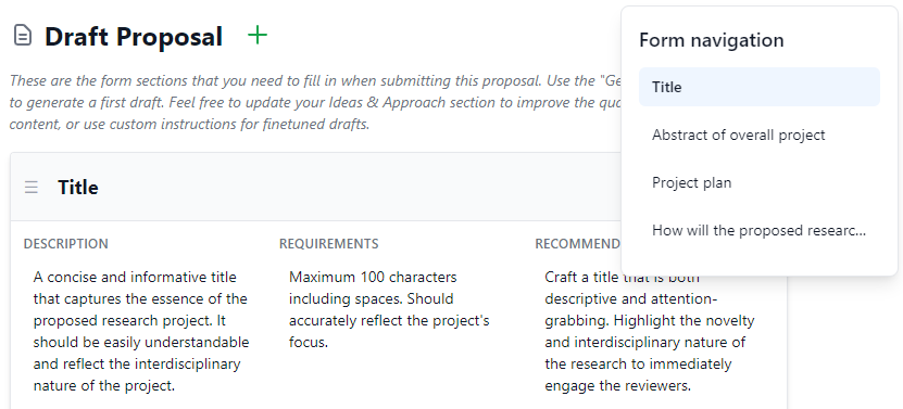 GrantorAI form generation showing extracted requirements and strategic recommendations for each field