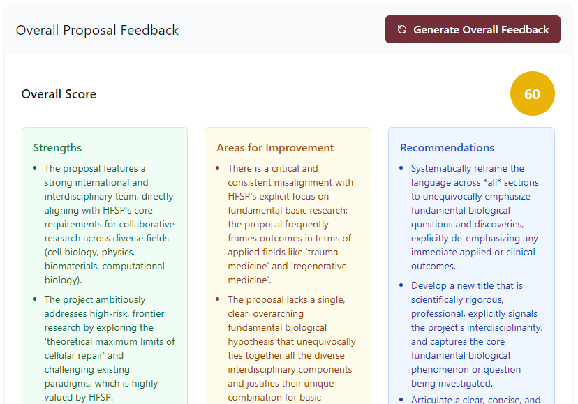 GrantorAI's holistic feedback view showing overall score and cross-section analysis
